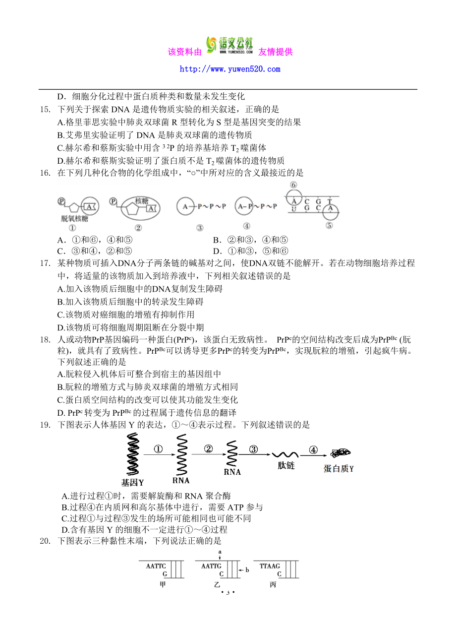 北京市朝阳区高三上学期期中考试生物试题（含答案） .doc_第3页