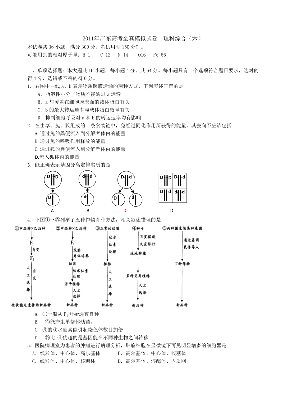 广东省高三全真高考模拟试卷(六)(理综).doc_第1页