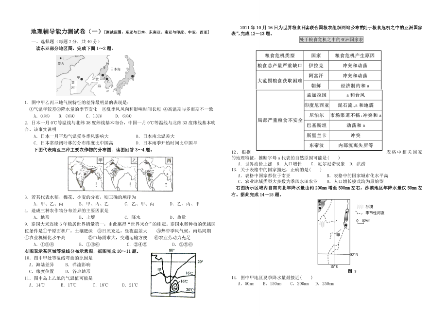 高三一轮复习区域地理训练题亚洲部分.doc_第1页