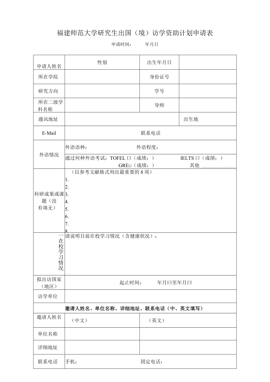 福建师范大学研究生出国境访学资助计划申请表.docx_第1页