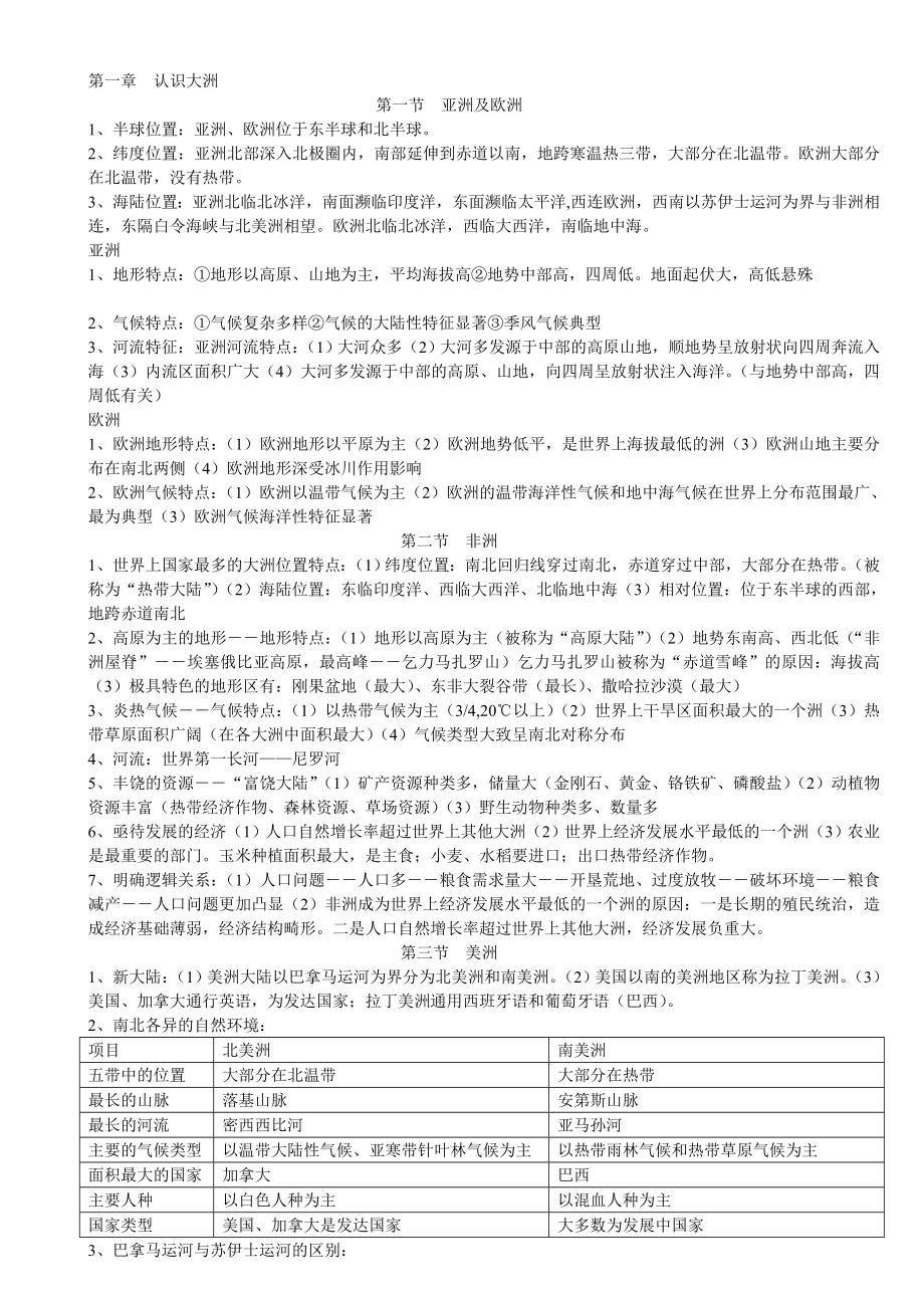 Word湘教版七级地理下册复习提纲.doc_第1页