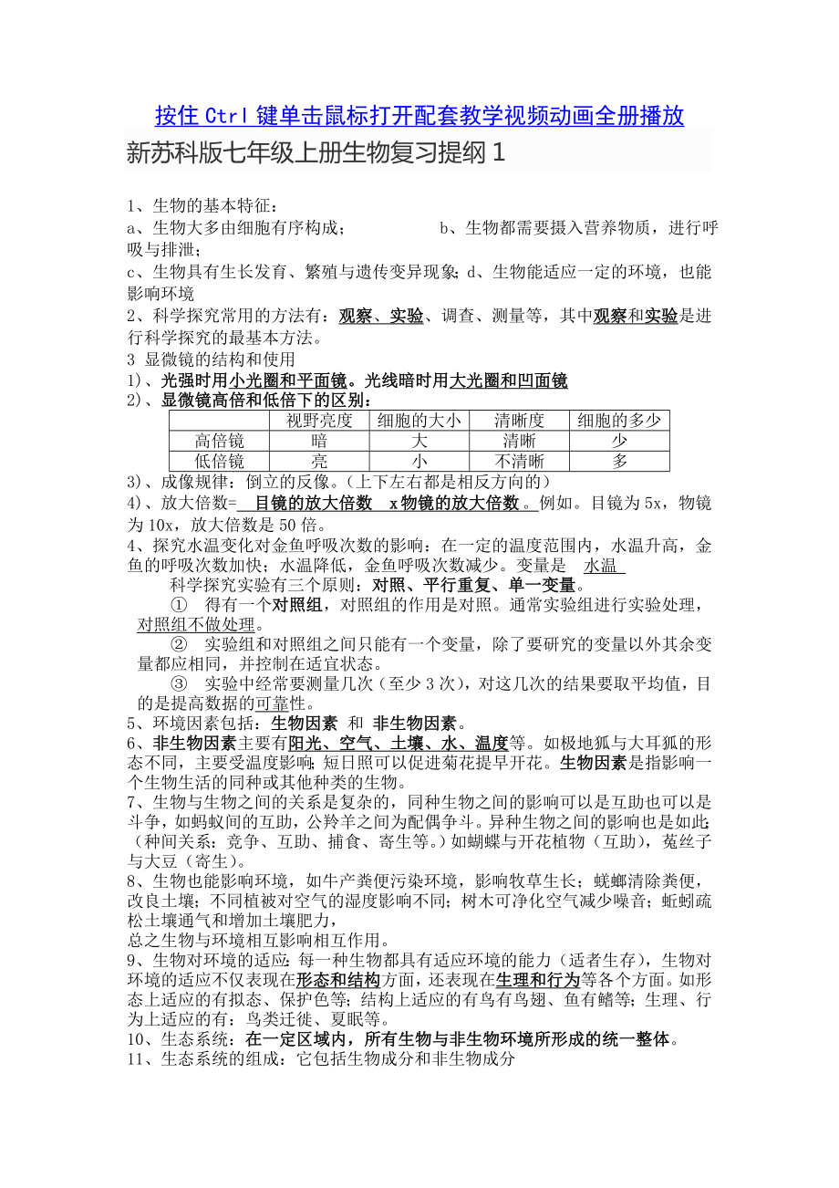 新苏科版七级上册生物知识要点复习提纲.doc_第1页