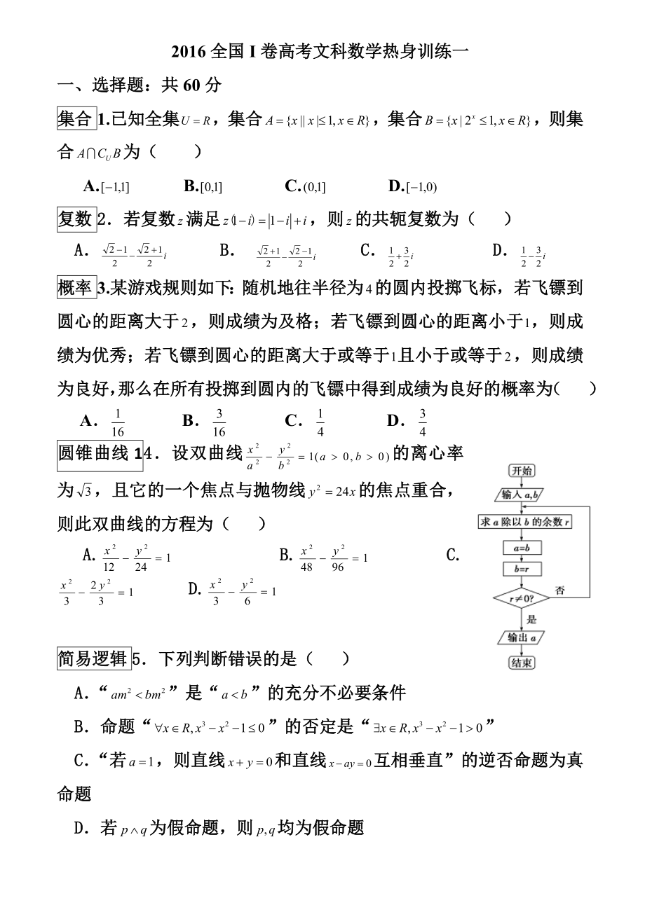 全国I卷高考热身训练一文科数学试题及答案.doc_第1页