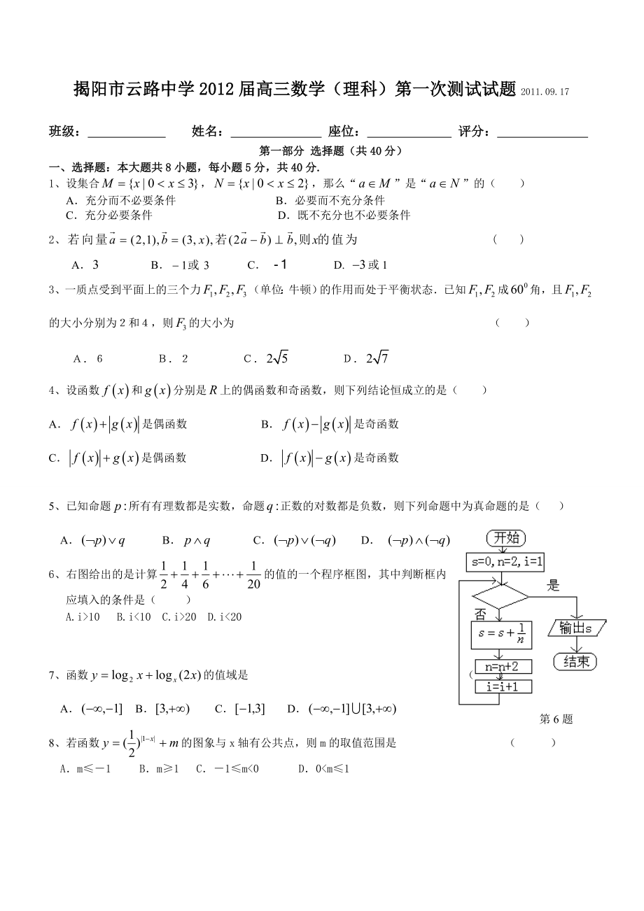 广东省揭阳市云路中学高三第一次测试题数学理.doc_第1页