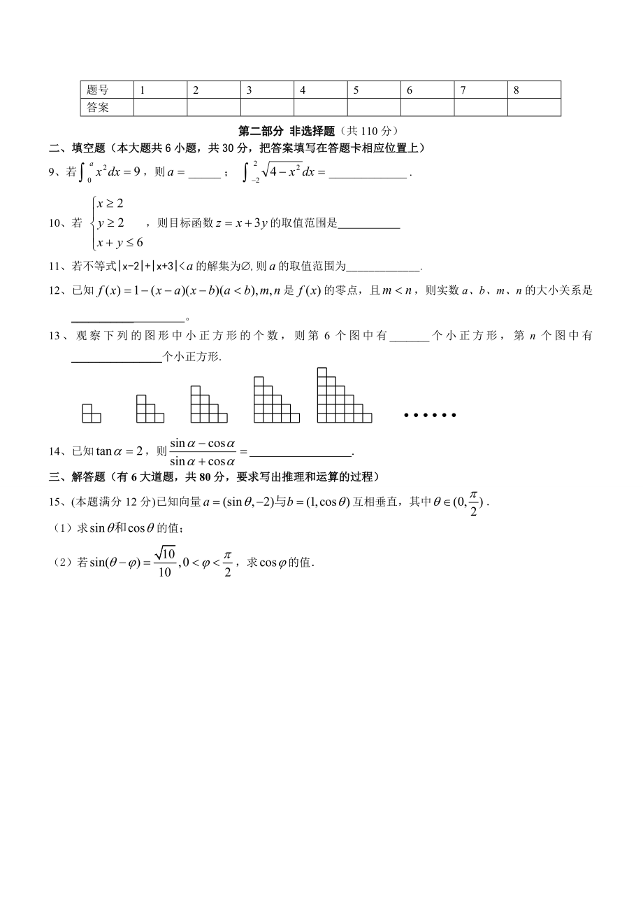 广东省揭阳市云路中学高三第一次测试题数学理.doc_第2页