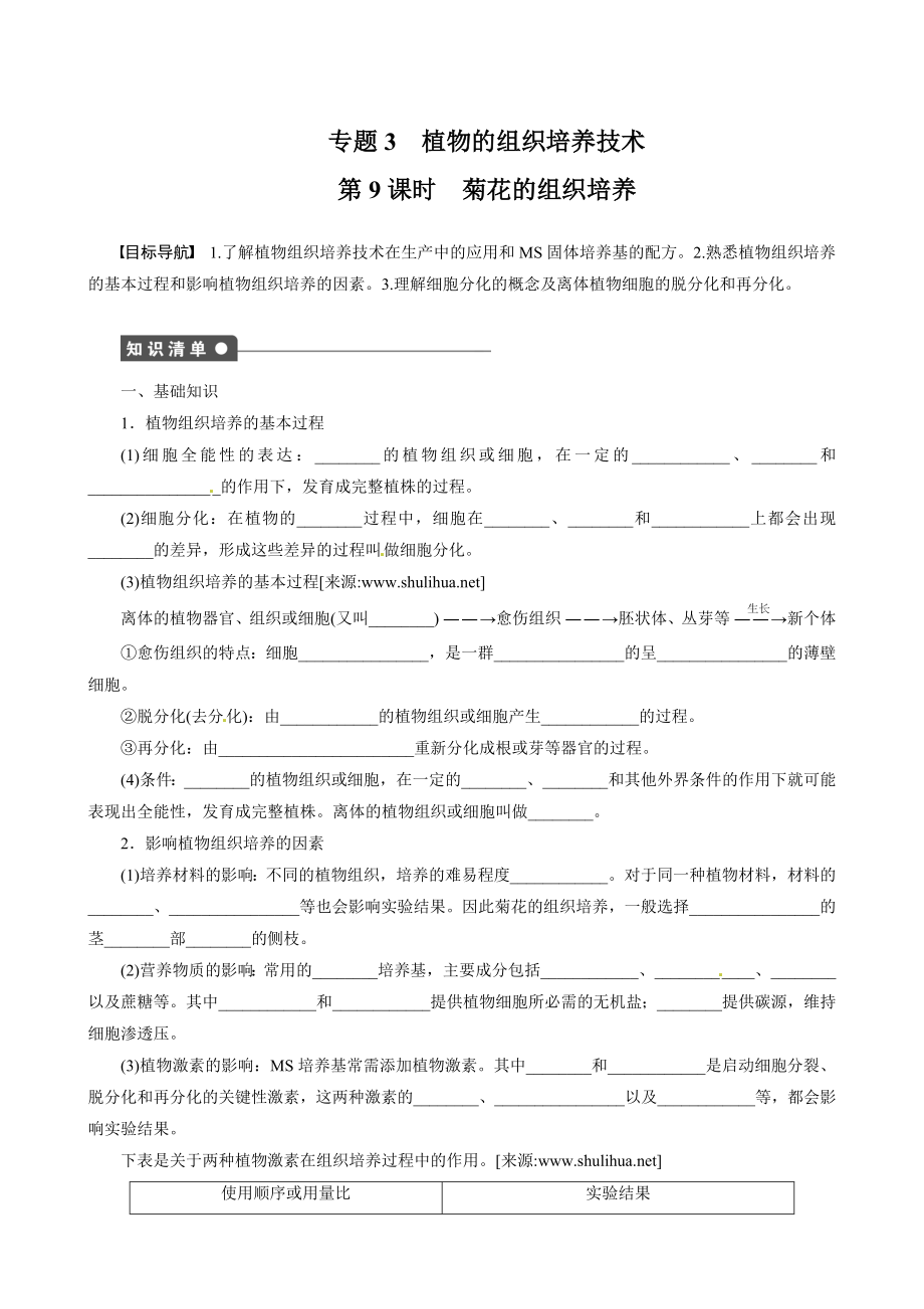 高二生物精品学案：专题3 植物的组织培养技术(新人教版选修1).doc_第1页