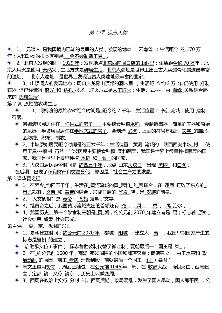 初级中学一级历史第一学期上册复习提纲7347462.doc_第1页