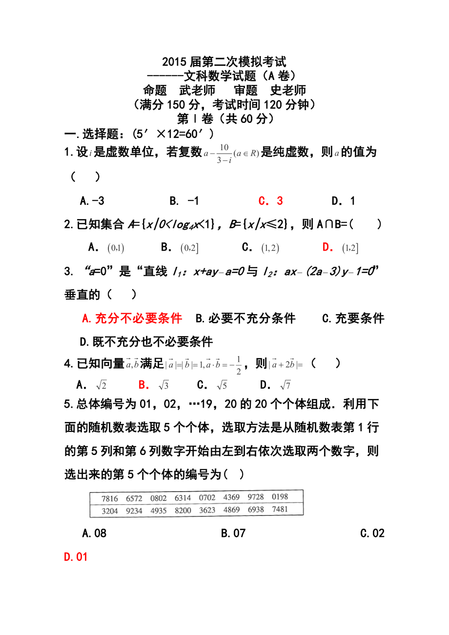 陕西省西工大附中高三下学期二模考试文科数学试题（A）及答案.doc_第1页