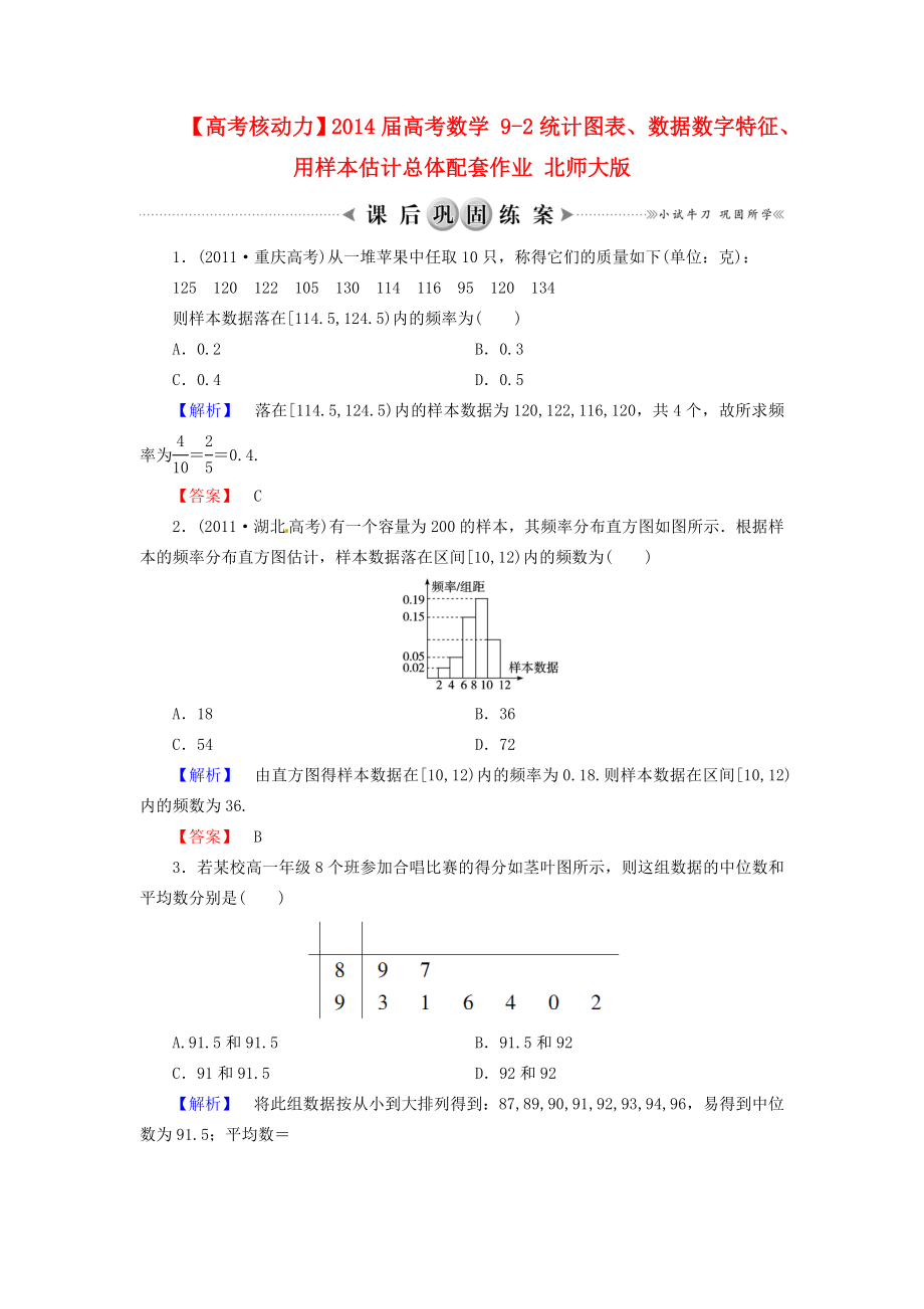 高考数学 92统计图表、数据数字特征、用样本估计总体配套作业 北师大版.doc_第1页