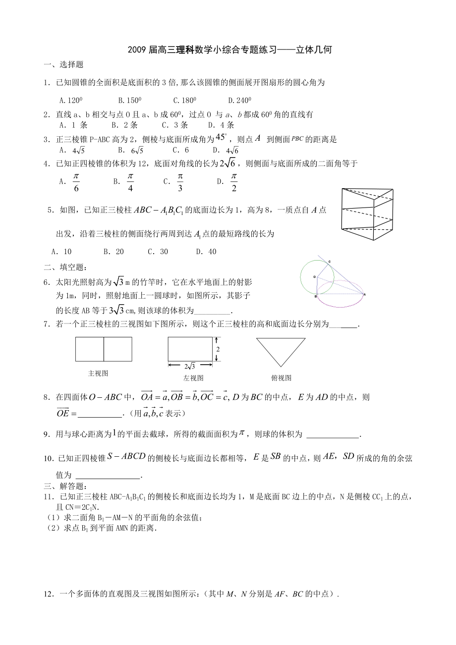 高三文科数学小综合专题练习——立体几何.doc_第1页