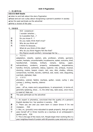 高中英语选修八Unit 4 Pygmalion 单元教案.doc