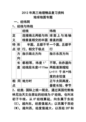 高三地理精品复习资料：地球地图专题.doc