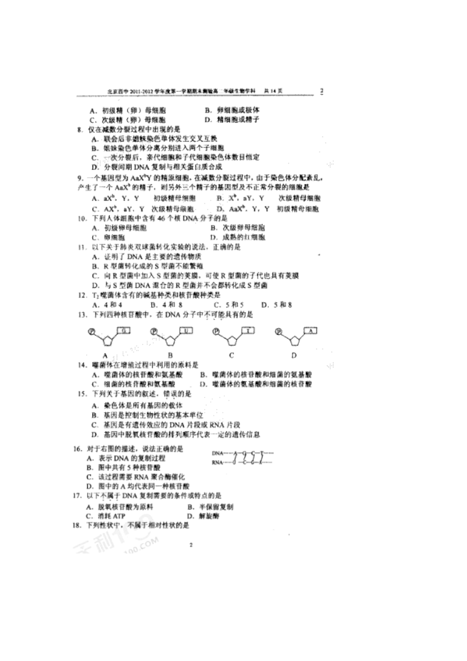 北京四中高二上学期期末检测生物（理）试题（扫描版）.doc_第2页