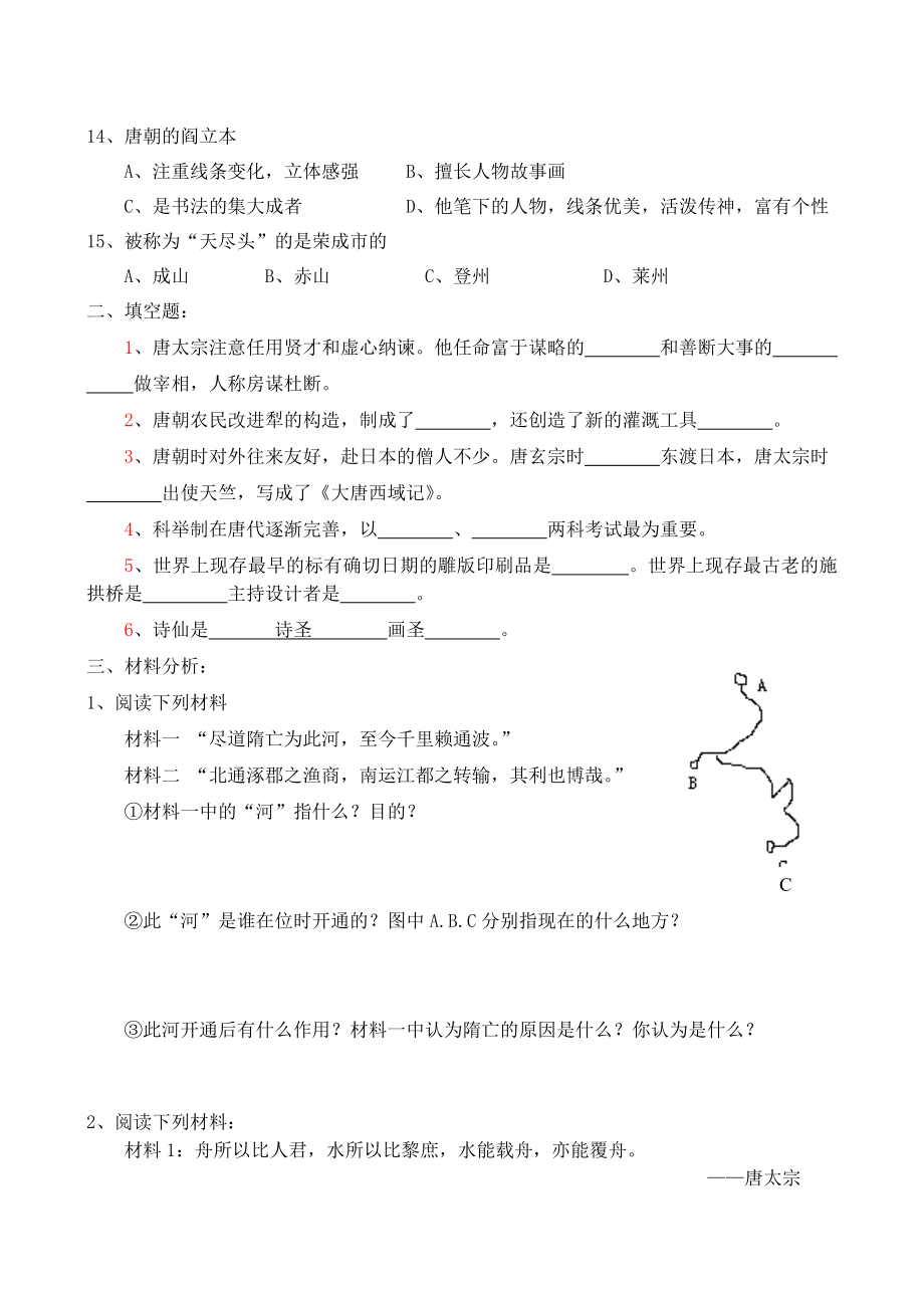 人教版七级历史下册各单元及综合测试题、答案.doc_第2页