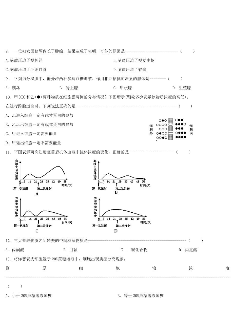 上海市金山中学高二生命科学下学期期末考试试题.doc_第2页