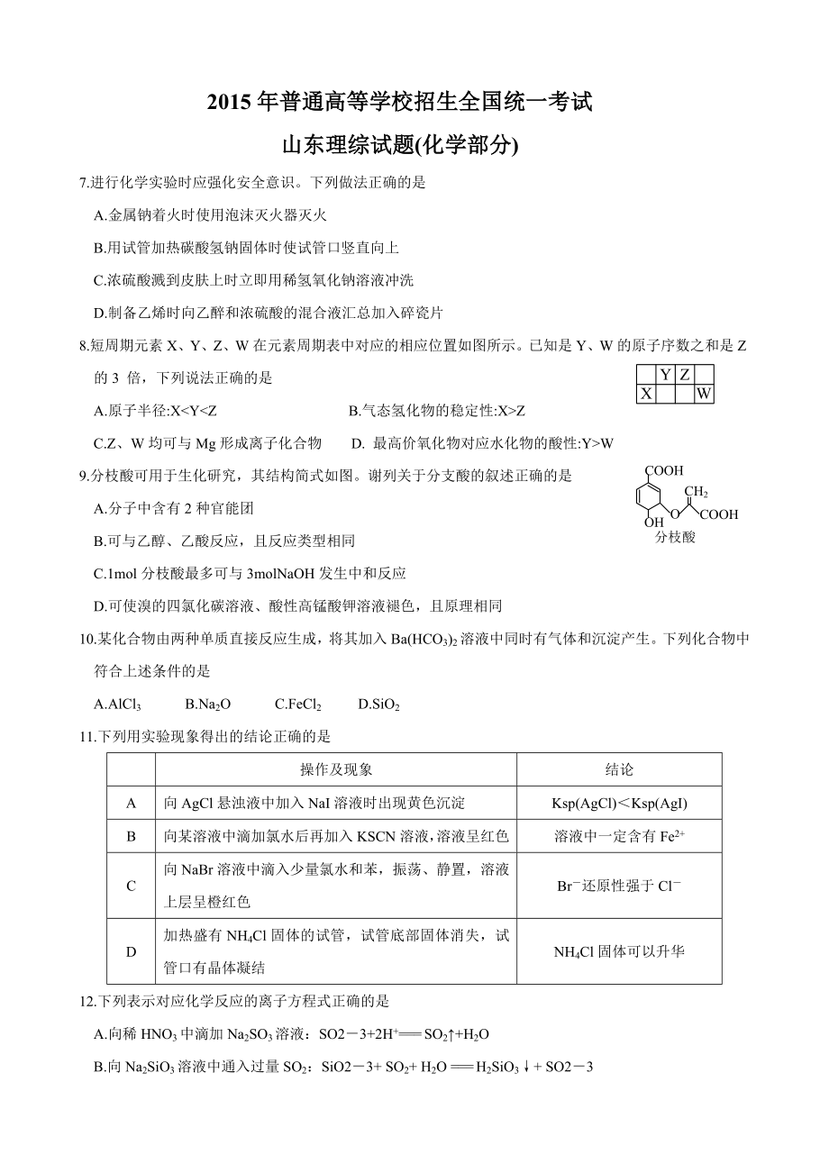 高考理综试题化学部分(山东卷).doc_第1页