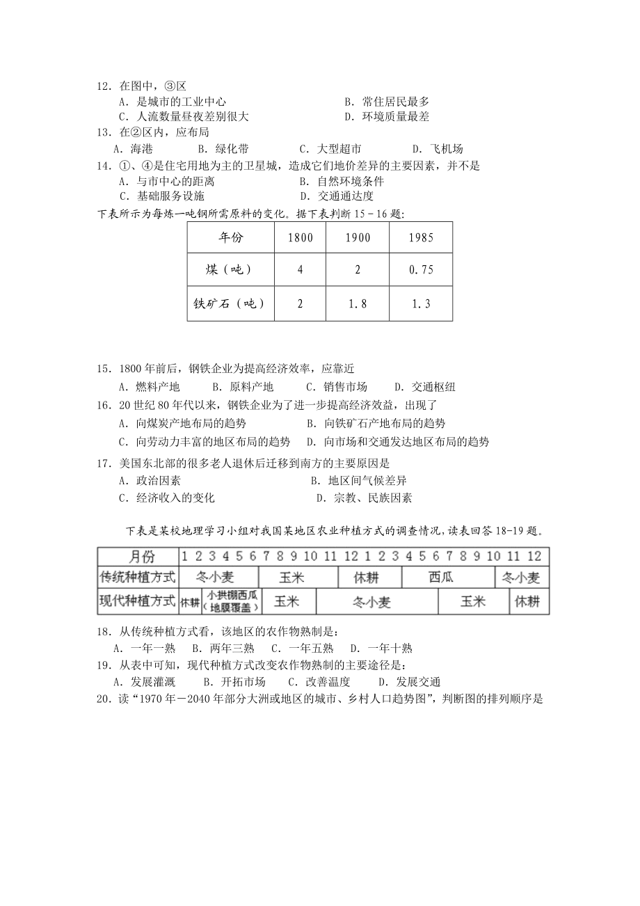 江苏省淮安市淮阴区—学第二学期期末教学调查高一地理试题.doc_第3页