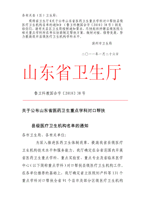 关于公布山东省医药卫生重点学科对口帮扶[教学].doc