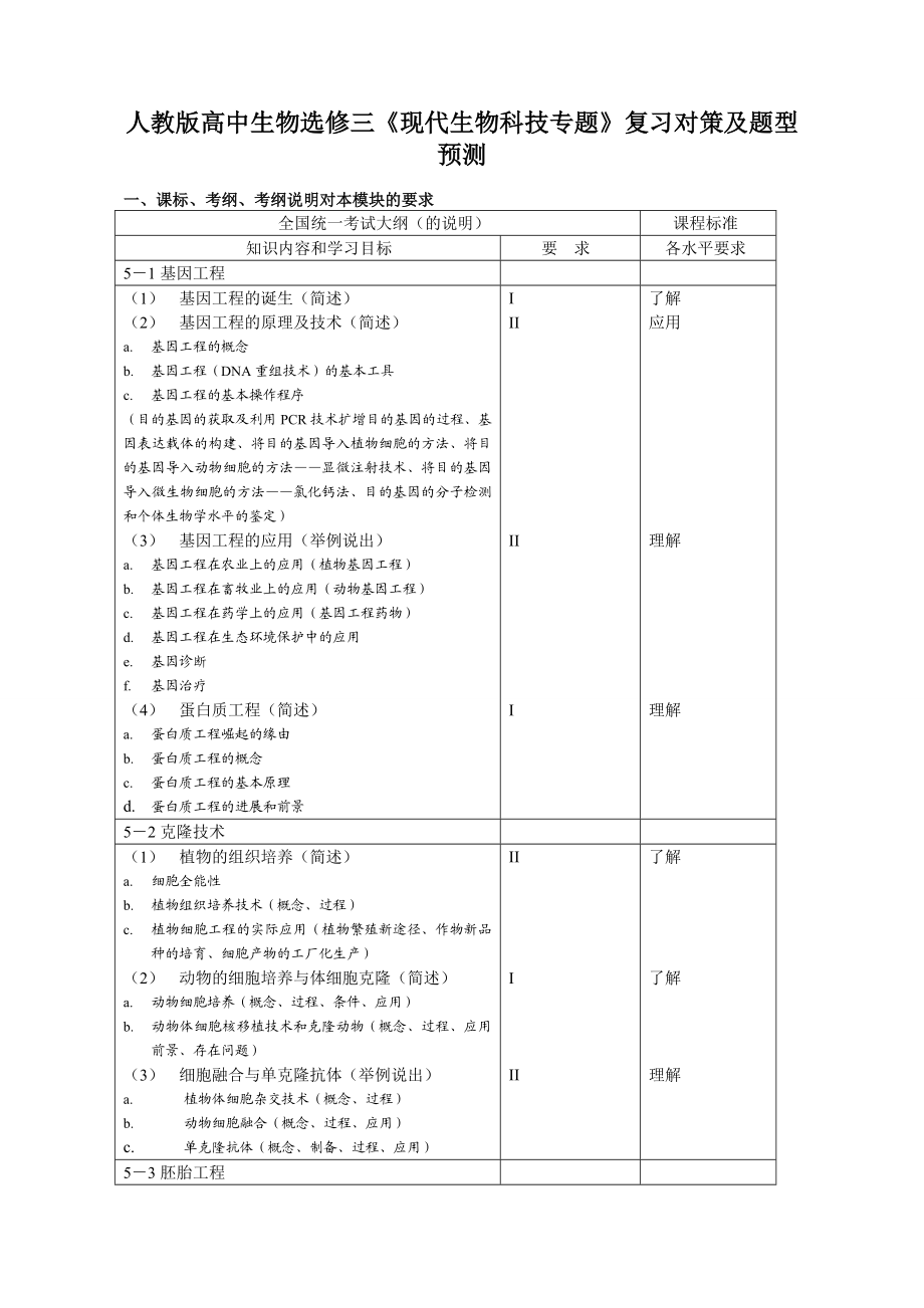 人教版高中生物选修三《现代生物科技专题》复习对策及题型预测.doc_第1页