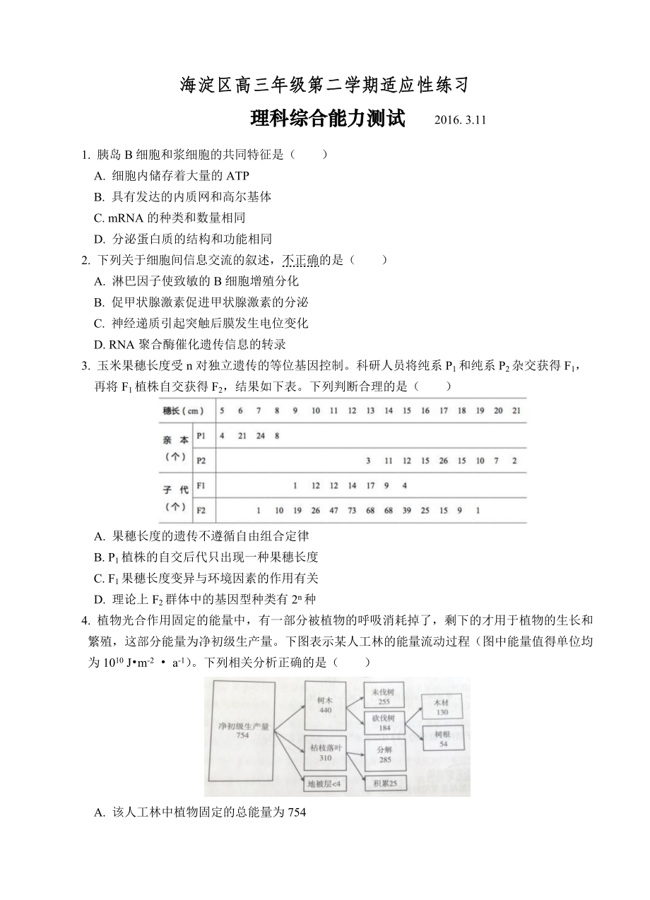 北京市海淀区高三3月适应性训练（零模）理科综合试题及答案.doc_第1页