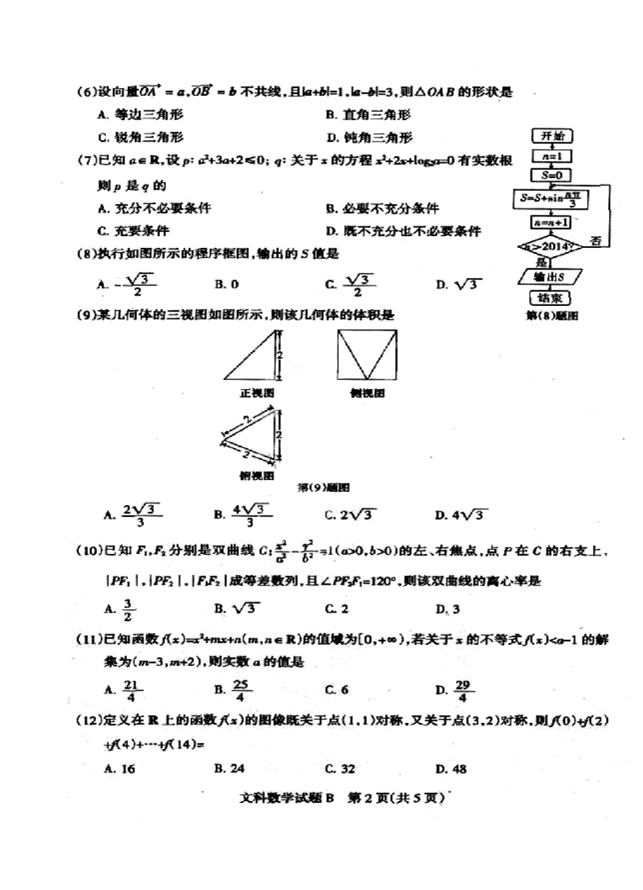 山西省高三高考考前质量监测文科数学试题及答案.doc_第2页