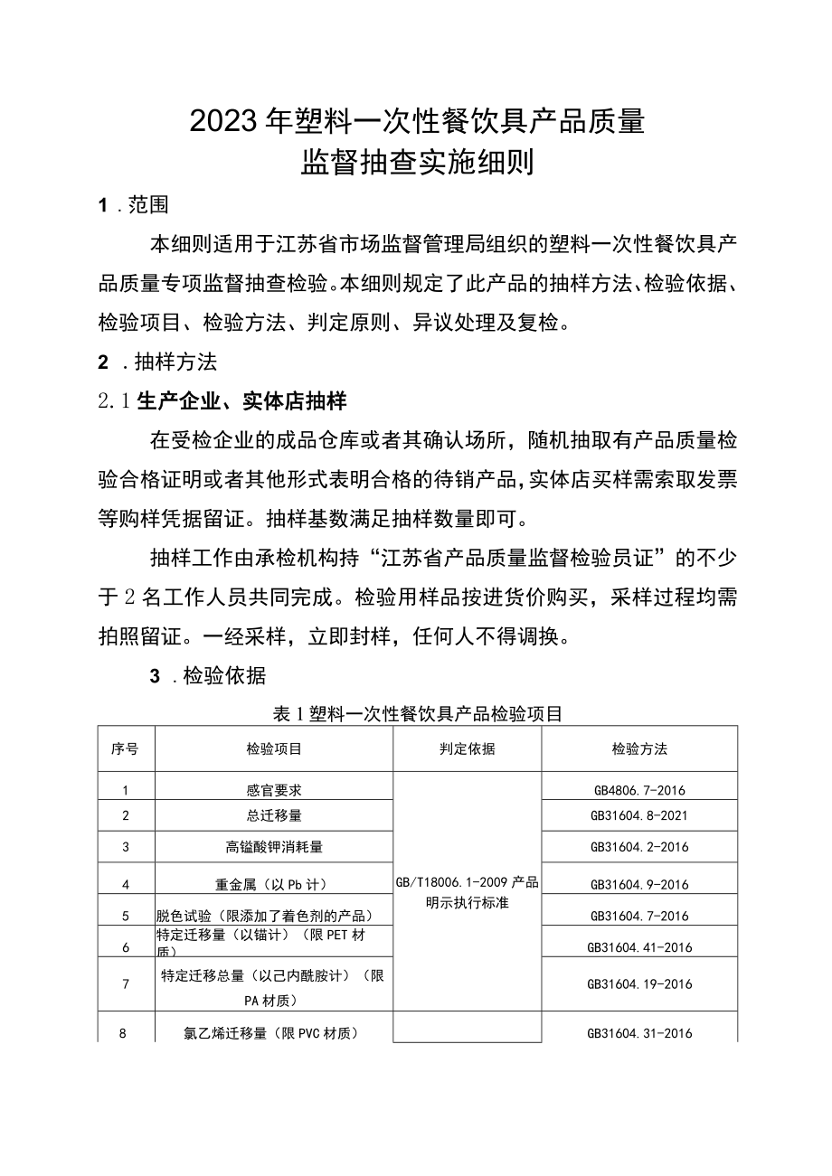 2023年江苏省塑料一次性餐饮具产品质量专项监督抽查实施细则.docx_第1页