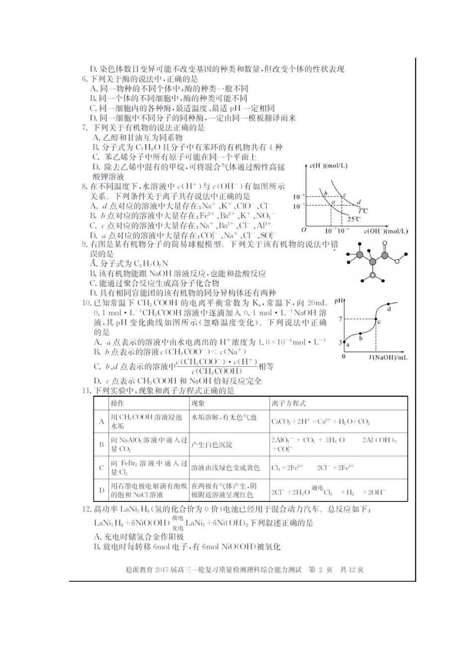 湖北省稳派教育高三一轮复习质量检测理科综合试题及答案.doc_第2页