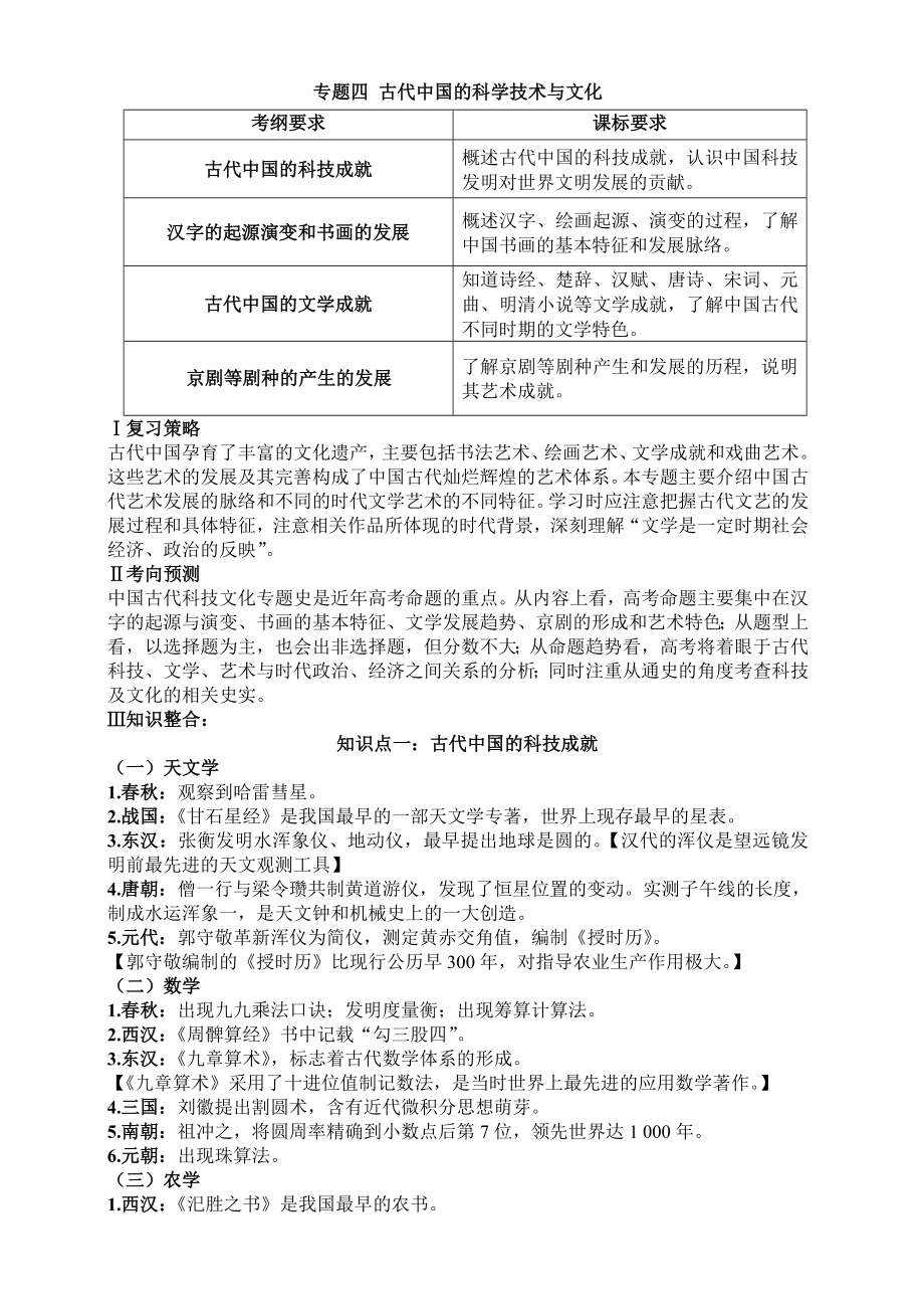 广东高考文综历史复习专题四：古代中国的科学技术与文化.doc_第1页