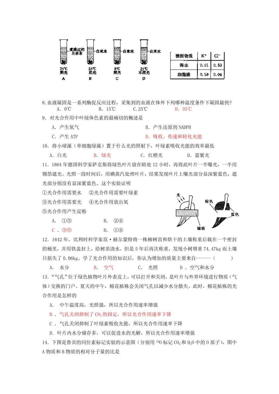 第4章 生命的物质变化和能量转换 测试题.doc_第2页