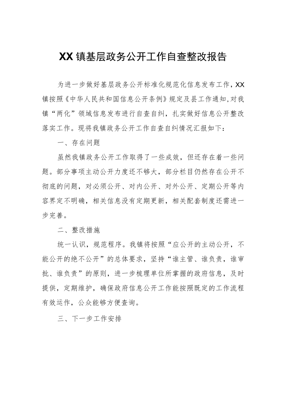 XX镇基层政务公开工作自查整改报告.docx_第1页