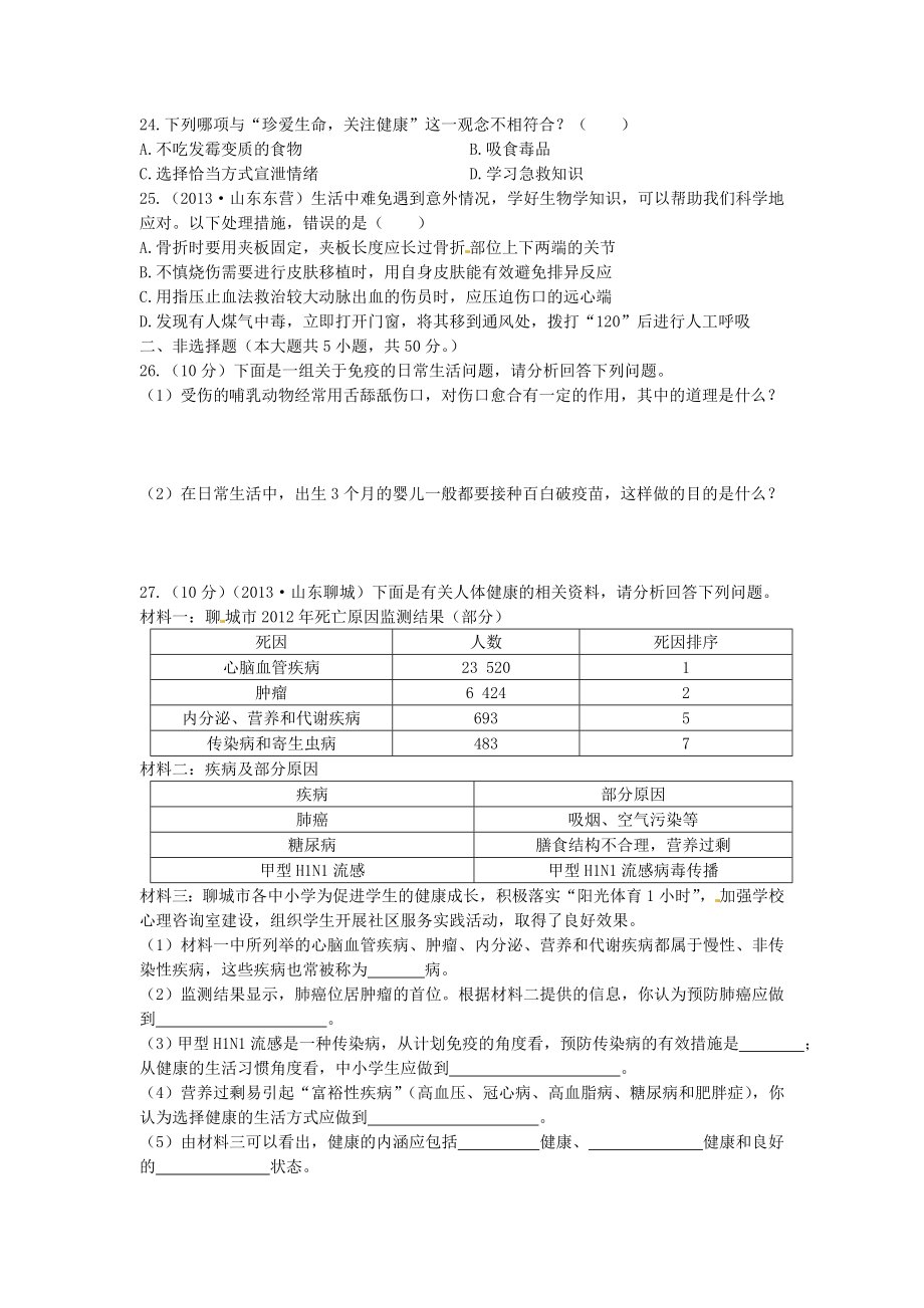 中学教材全解七级生物下册 第4单元 第13章 健康地生活检测题 北师大版.doc_第3页