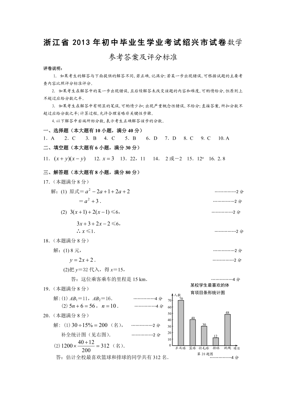 浙江省初中毕业生学业考试绍兴市试卷数学参考答案及评分标准.doc_第1页