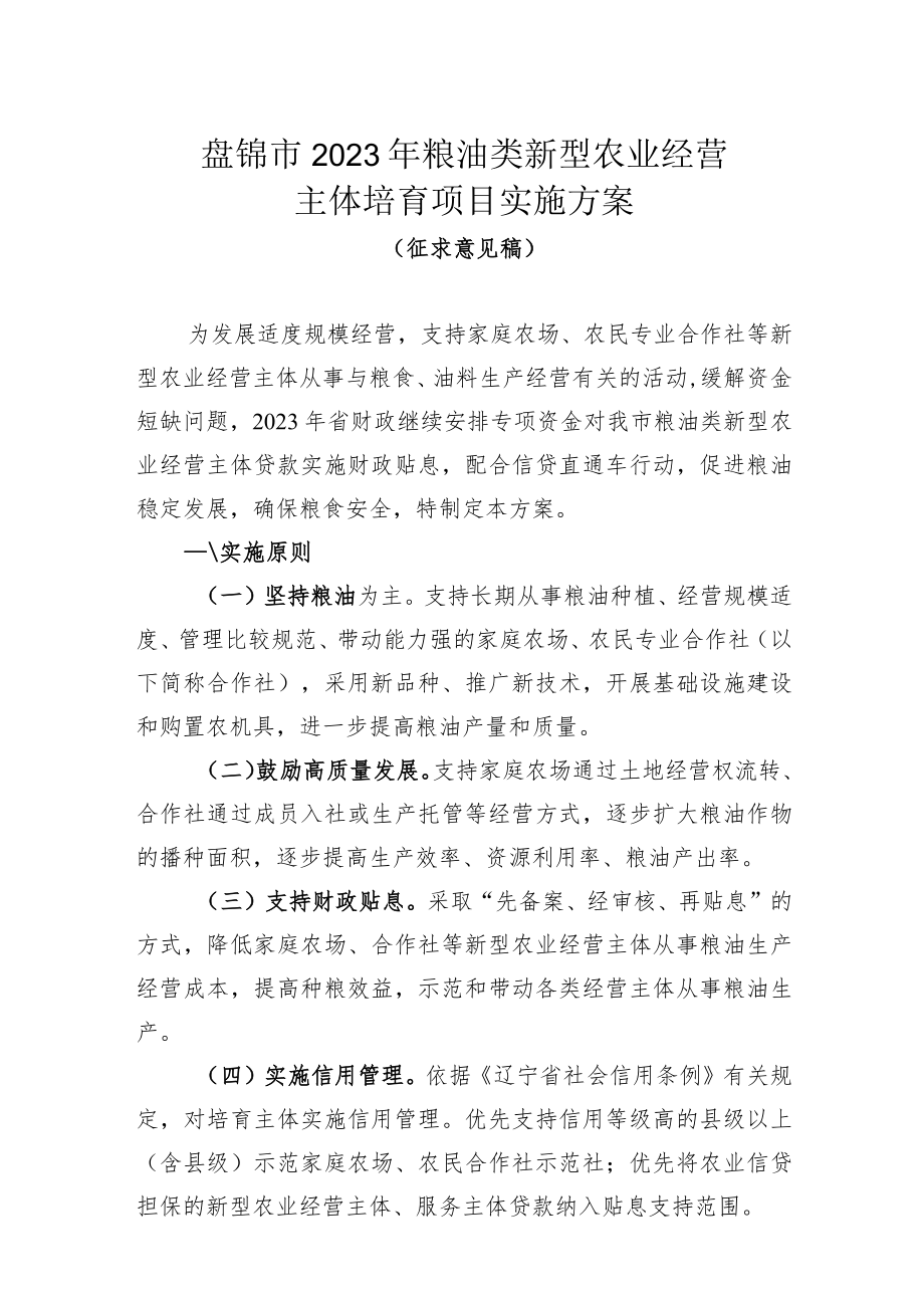 盘锦市2023年粮油类新型农业经营主体培育项目实施方案.docx_第1页