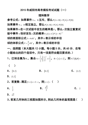 陕西省咸阳市高考模拟考试（一）理科数学试题 及答案.doc