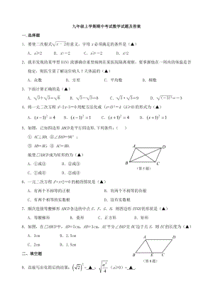 九级上学期期中考试数学试题及答案评分标准.doc