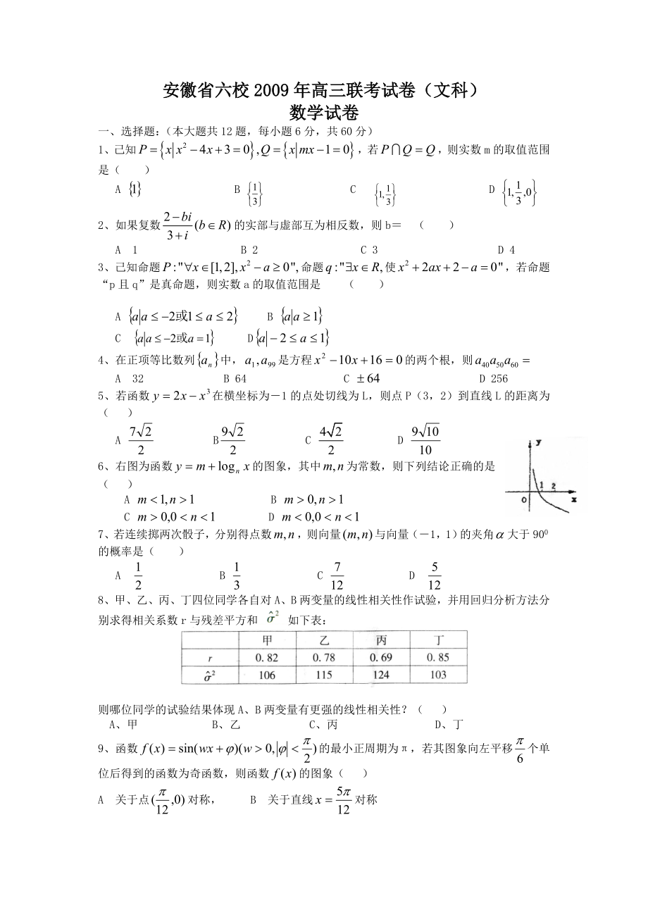 安徽省六校高三联考数学试卷(文科).doc_第1页