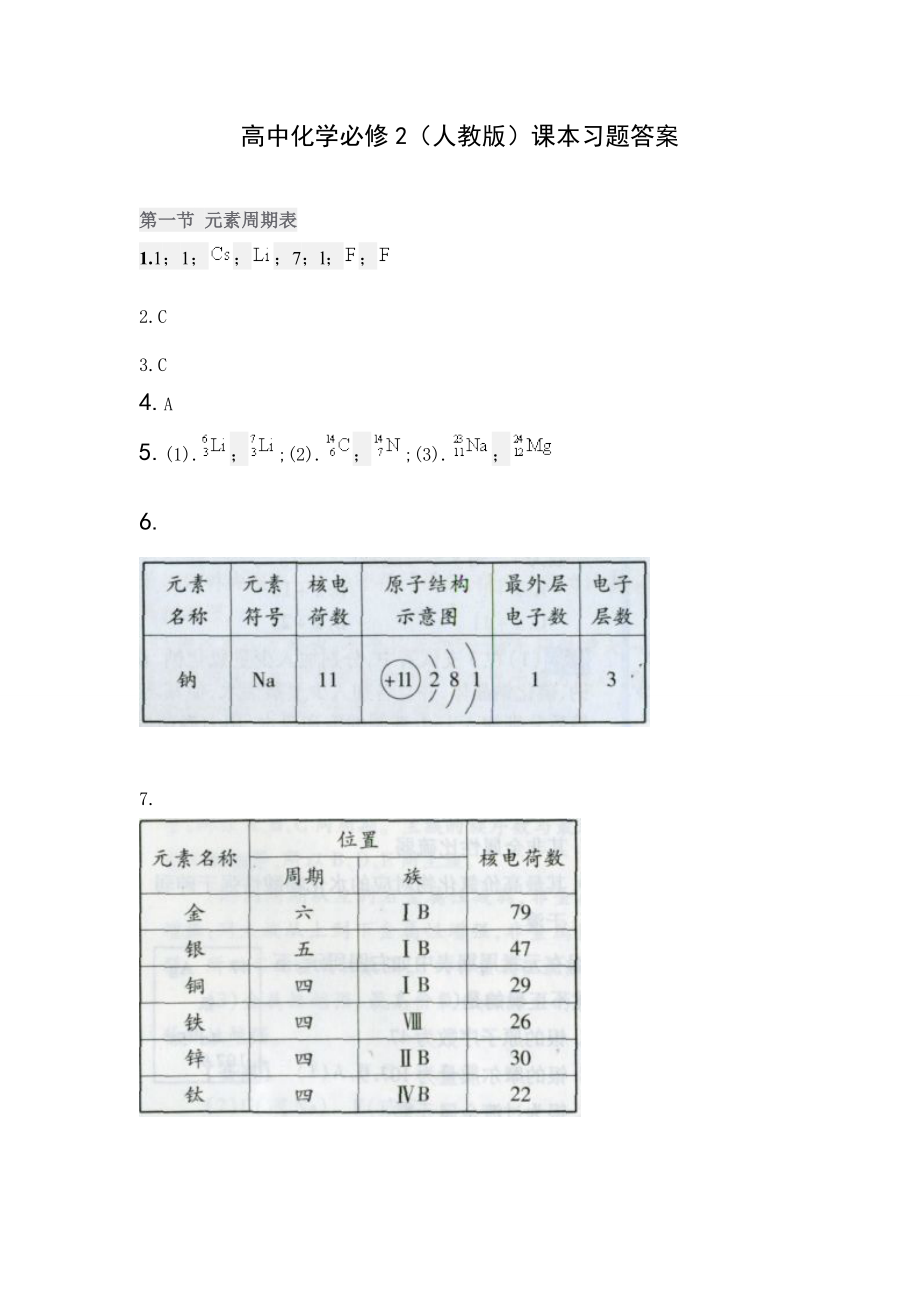 高中化学必修2(人教版)课本习题答案.doc_第1页