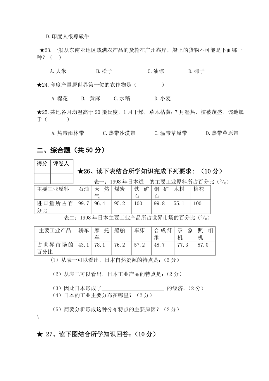 新人教版初中七级地理下学期期末模拟试题　附答案.doc_第3页