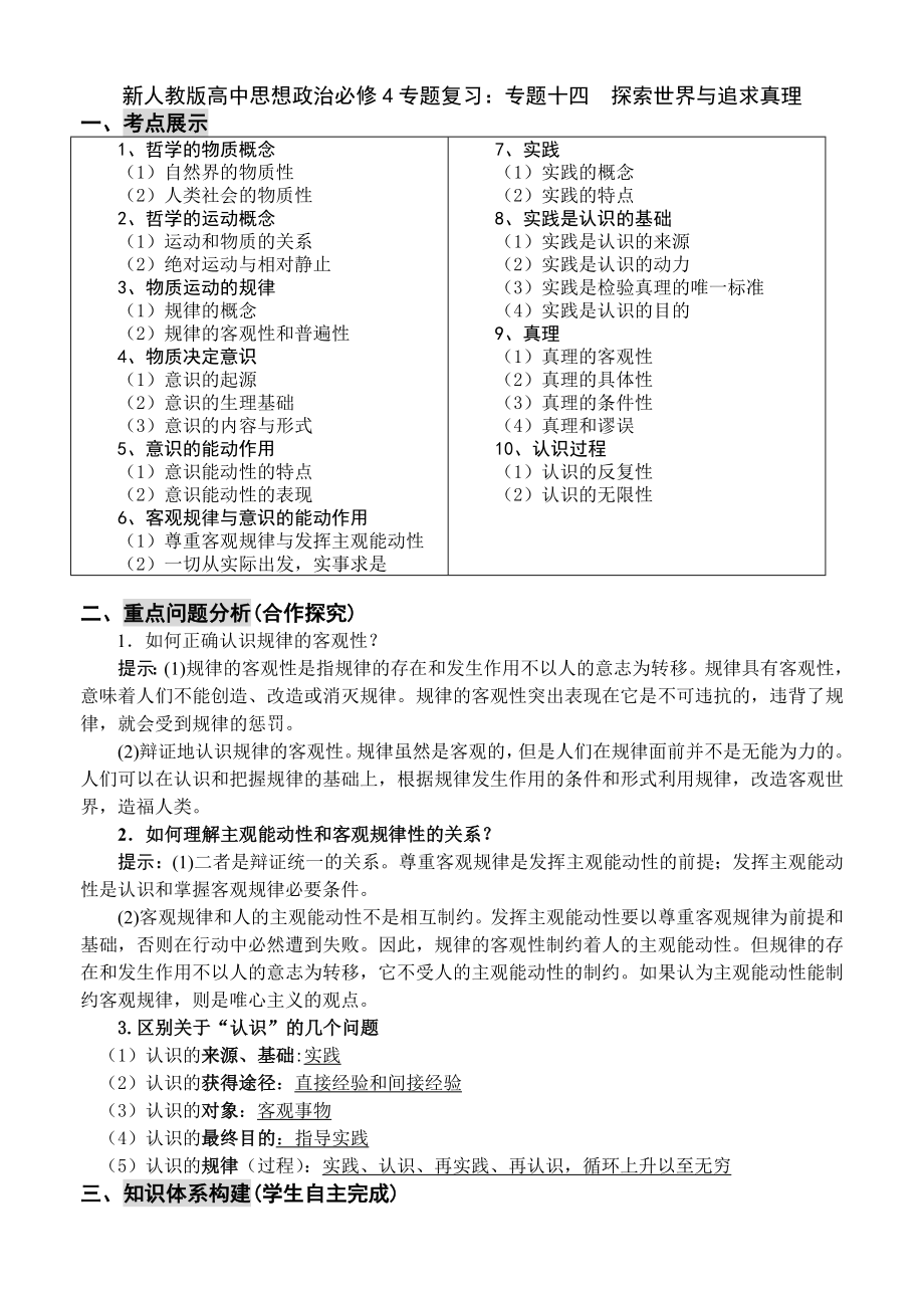 新人教版高中思想政治必修4专题复习：专题十四探索世界与追求真理.doc_第1页