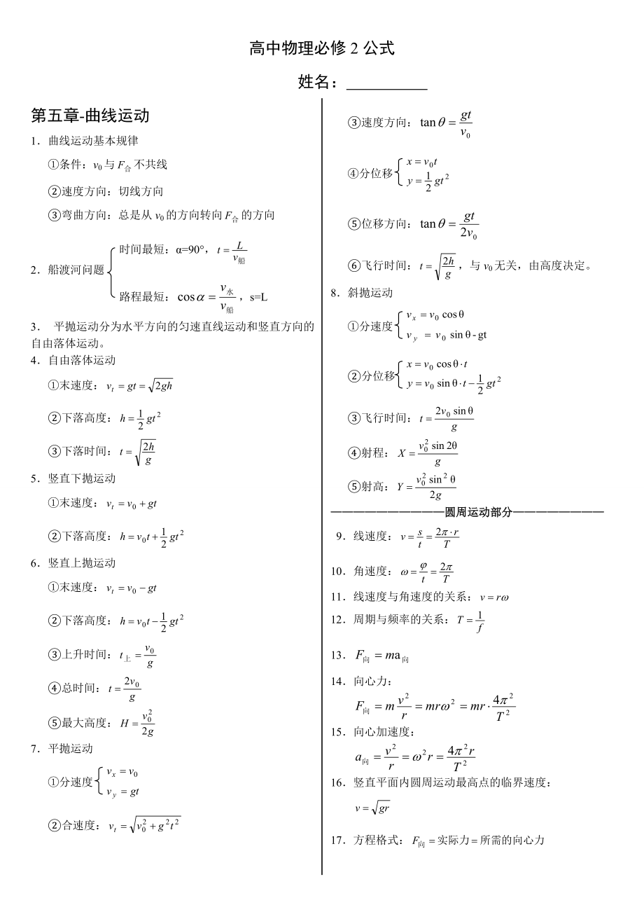 高中物理必修2公式总结.doc_第1页