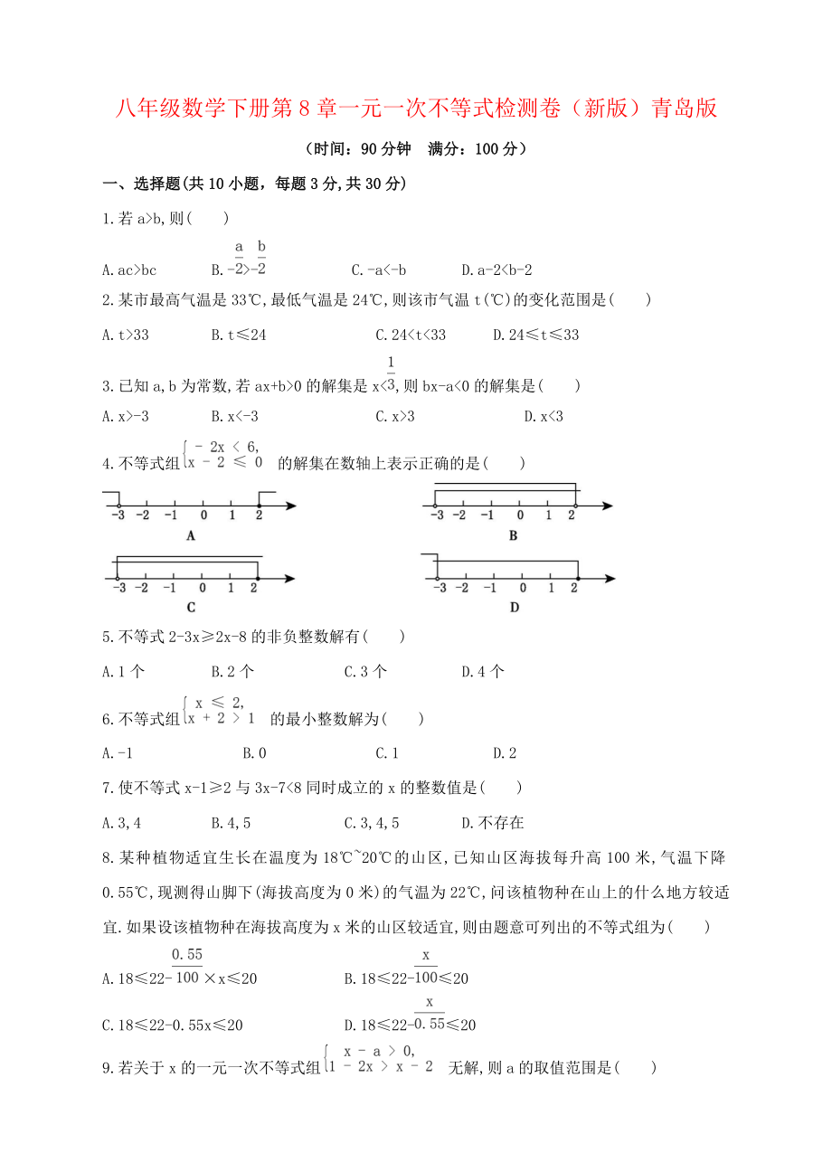 八年级数学下册第8章一元一次不等式检测卷(新版)青岛版.doc_第1页