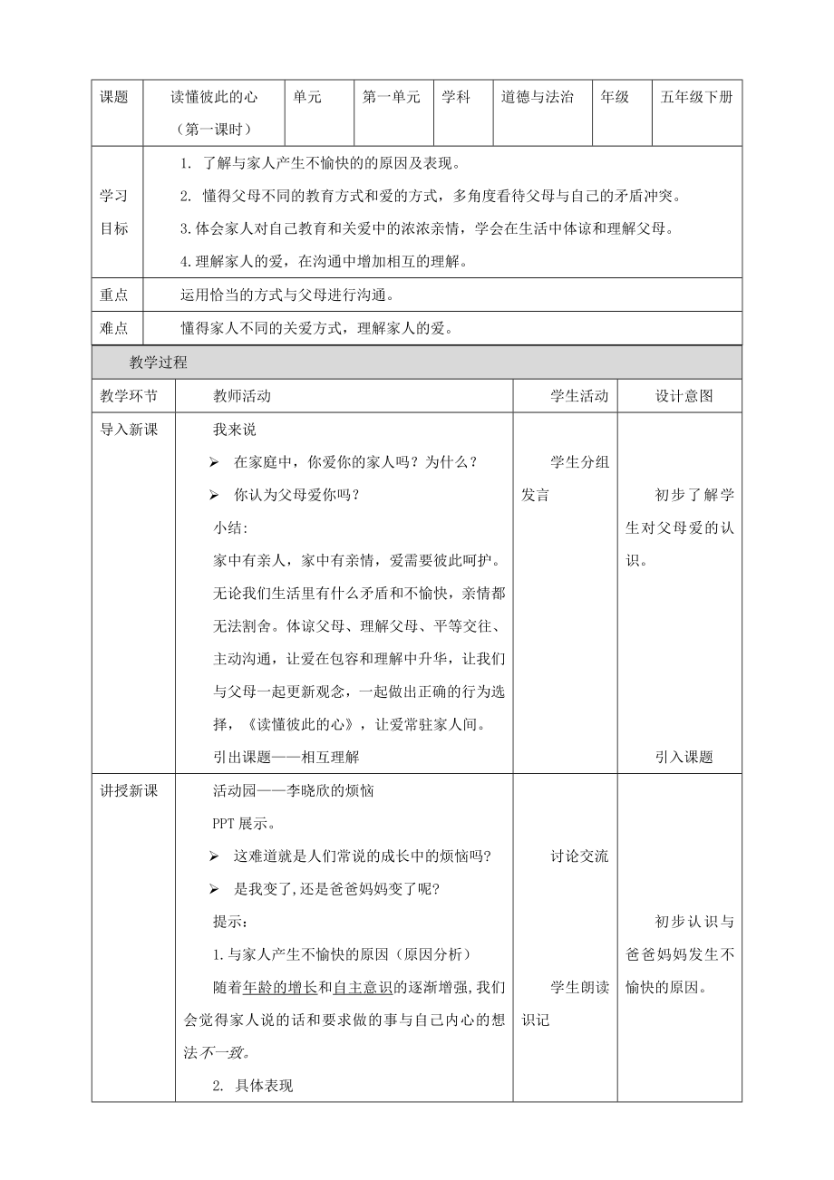 五年级道德与法治下册-第一单元-我们一家人-第1课-读懂彼此的心-第1课时-相互理解教案.doc_第1页