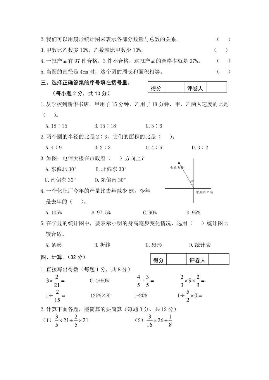 人教版小学数学六年级甘肃临夏市第一学期学业质量检测(真题).doc_第2页