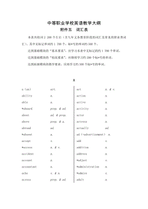 中等职业学校英语教学大纲——五：词汇表.doc