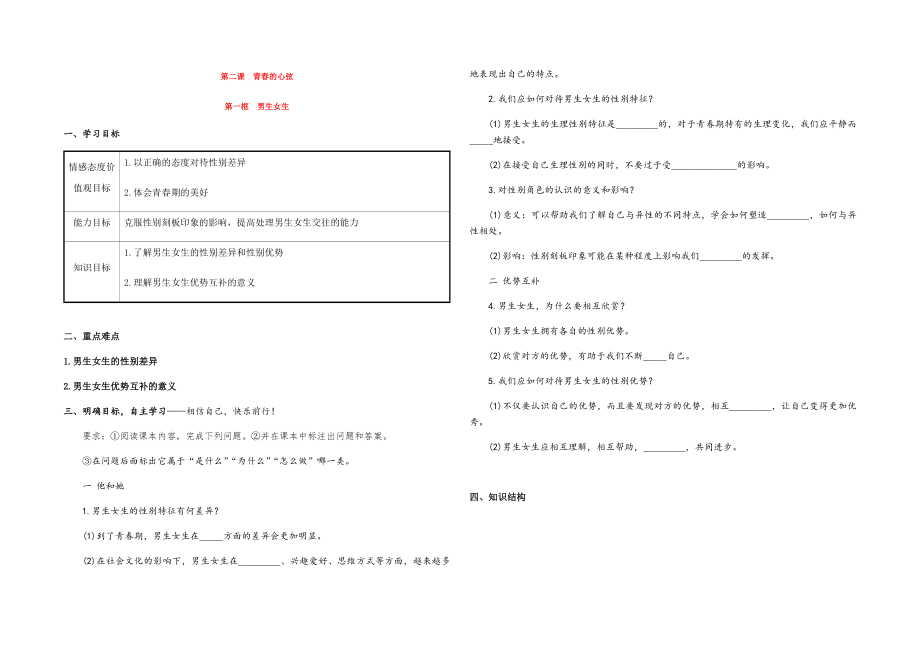 人教部编版七下道德与法治教学案2.1男生女生(教师版).docx_第1页