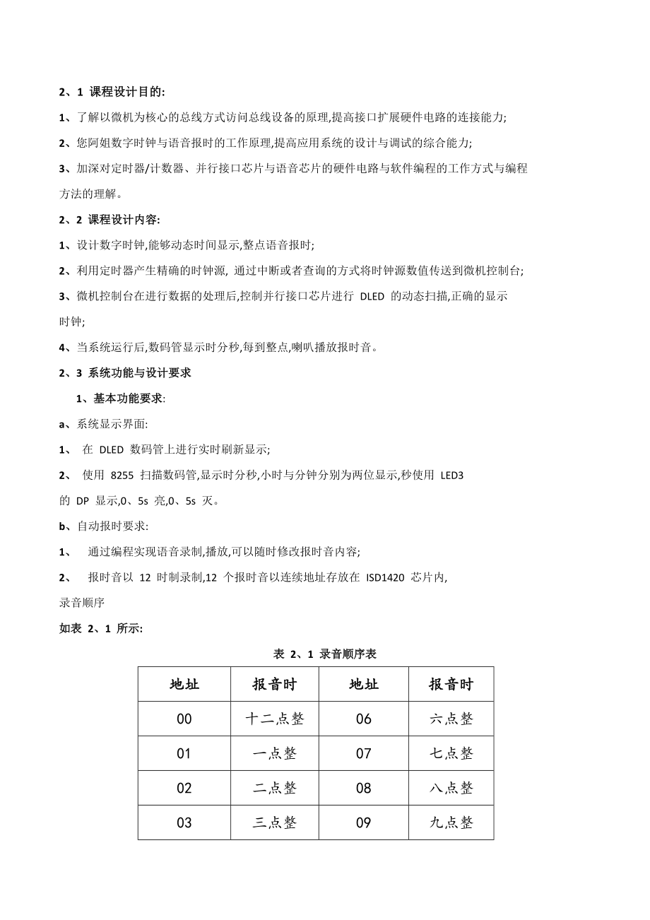 微机课程设计报告数字时钟系统与自动报时系统设计.doc_第2页