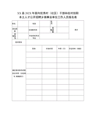 XX县202X年面向优秀村（社区）干部和在村挂职本土人才公开招聘乡镇事业单位工作人员报名表.docx