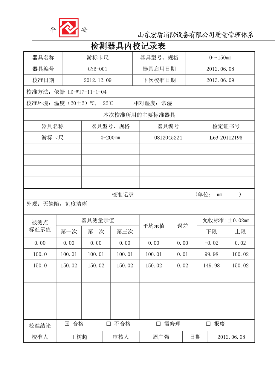 .12.游标卡尺检测器具内校记录表_第1页