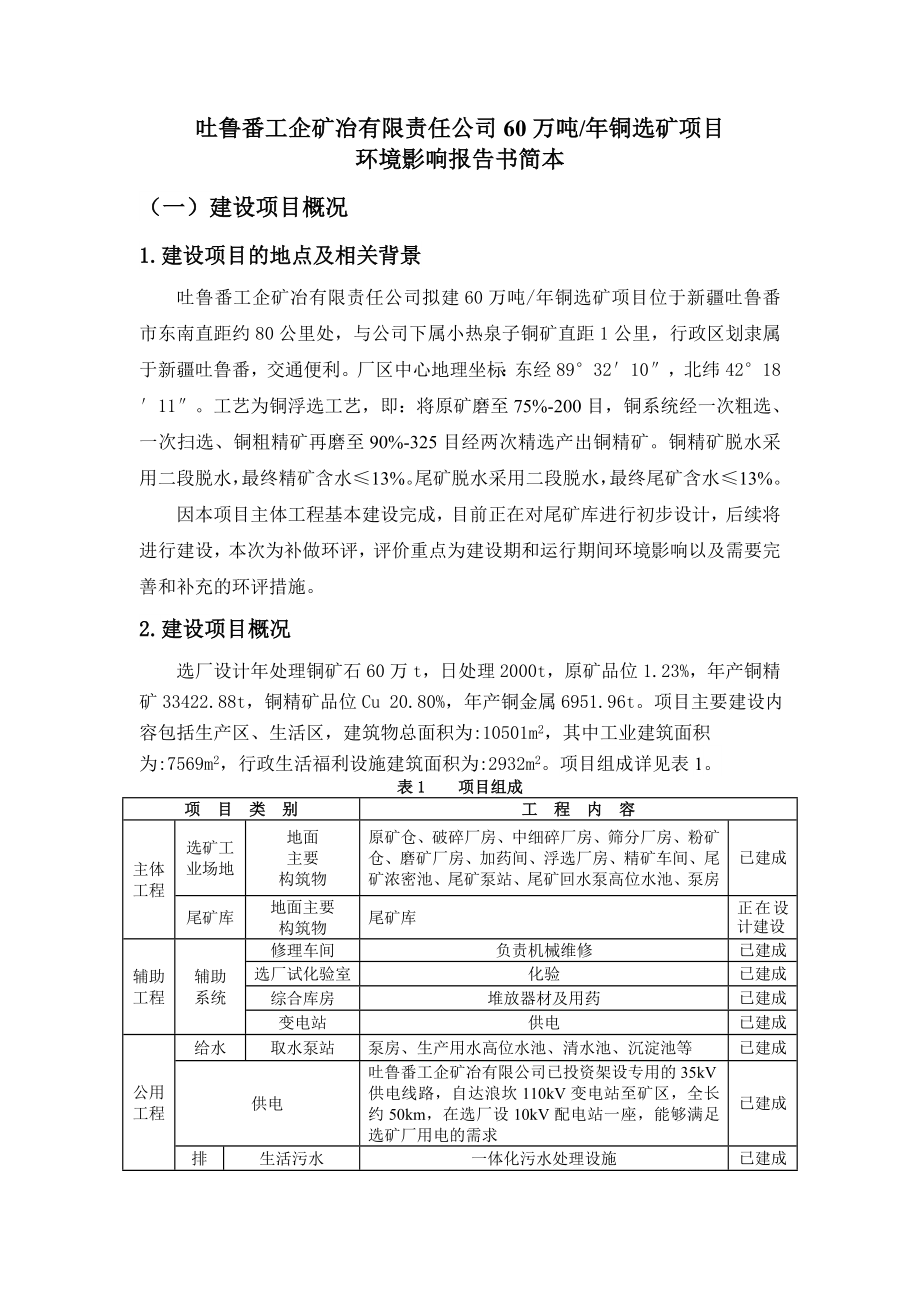 吐鲁番工企矿冶有限责任公司60万吨铜选矿项目.doc_第1页