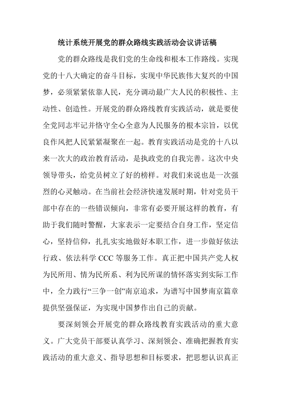 统计系统开展党的群众路线实践活动会议讲话稿.doc_第1页